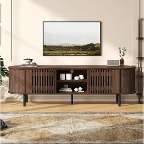 Ażurowa szafka RTV z drewna - 160 x 40 x 47 cm - z 2 drzwiami + półka - do telewizorów 65 cali - MDF - brązowa