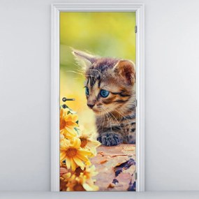 Fototapeta na drzwi - Kotek patrzący na kwiat (95x205cm)
