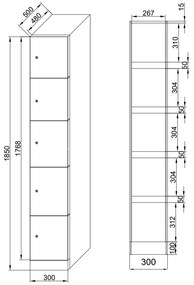 Szafka skrytkowa, 5 schowków, 1850 x 300 x 500 mm, zamek RFID, drzwi laminowane, orzech