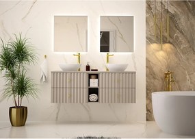 Kaszmirowa Zestaw Łazienkowy 140cm Szafka z Blatem i Regałem Ryflowane Fronty Aqua