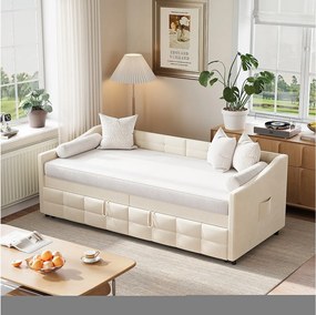 Rozkładana sofa 90×200 cm z beżowego aksamitu, rozszerzalna do 180×200 cm, z hydraulicznym mechanizmem i stelażem drewniano-metalowym.