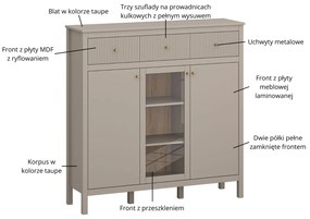 Komoda Przeszklona z Szufladami SELVIO 134 cm Taupe Ryflowana Nowoczesna