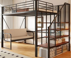 Łóżko na antresoli 90 x 200 cm - Konstrukcja metalowa - Z kanapą - Z drabiną - Czarny​ (materac nie jest wliczony w cenę)
