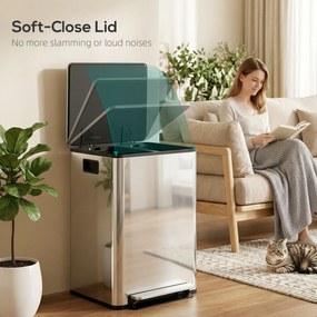 HOMCOM Kosz na śmieci z 2x30 l komorami, pokrywa Soft-Close, odporny na odciski, stal nierdzewna, srebrny | Aosom PL