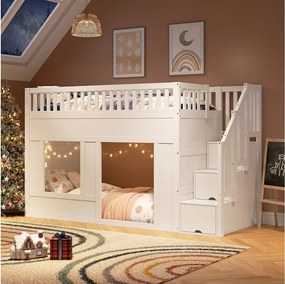 Łóżko piętrowe dla dzieci - 2 x 90 x 200 cm - ze schodkami do przechowywania - bez materaca - drewniane - białe