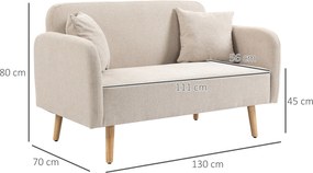 HOMCOM 2-osobowa Sofa, Design Nowoczesny, w zestawie 2 poduszki, nogi drewniane, 130 x 70 x 80 cm, Kremowy