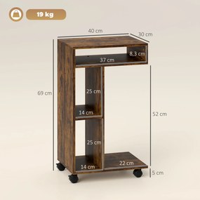 HOMCOM Stolik boczny, wózek serwisowy w kształcie C, 4 kółka, 3 przegródki, 40 x 30 x 69 cm, Rustykalny-brąz
