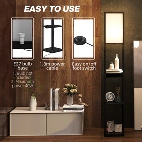 HOMCOM Lampa Stojąca z 3-Poziomową Półką, Przełącznikiem Nożnym, Portami USB, MDF, Czarny