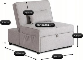 Fotel Wypoczynkowy Rozkładany IBERIS 80 cm Szary Tapicerowany Nowoczesny