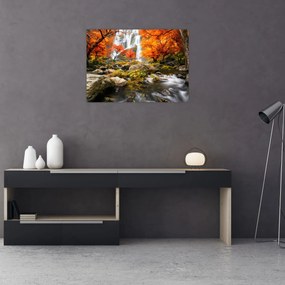 Obraz na szkle - Wodospady w jesiennym krajobrazie, pomarańczowy (70x50 cm)