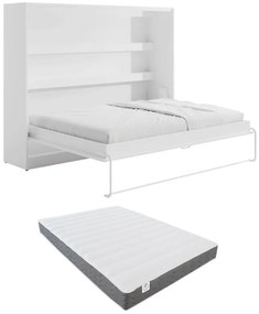 Łóżko chowane w szafie 140 × 200 cm – Otwieranie poziome manualne – Oświetlenie LED – Białe + Materac –  RAPILI