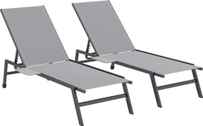 Outsunny Zestaw 2 Leżaków Ogrodowych z 5-stopniowo Regulowanym Oparciem, Bocznym Stolikiem, Kółkami, Antypoślizgowe Nogi Szary | Aosom PL