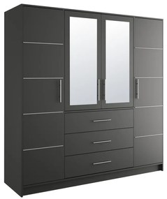 Szafa 4-drzwiowa z 3 szufladami - Z lustrami - szer. 196 cm - Czarny i srebrny - MONLIO