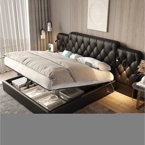 Łóżko tapicerowane ze schowkiem - 160 x 200 cm - z długim wezgłowiem + porty USB + lampka biurkowa - skóra PU - czarny