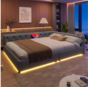 Sofa rozkładana - 140 x 200 cm - ze światłami LED + tapicerowany zagłówek + USB + typ C - len - szary