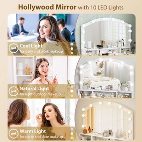 HOMCOM Toaletka z 10 lampami LED w stylu Hollywood, lustro, 7 szuflad, 3 przegrody, MDF, biała