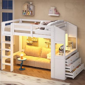 Łóżko piętrowe 90 x 200 cm z 6 szufladami i oświetleniem LED - Sosna + MDF - Białe (Materac nie jest wliczony w cenę)