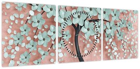 Obraz - Pastelowe niebieskie kwiaty (z zegarem) (90x30 cm)
