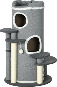 PawHut Drapak dla Kota, 2 Kocie Jaskinie, 4 Platformy, 4 Słupy do Drapania, 57 cm x 57 cm x 99 cm, Szary + Biały