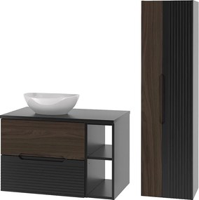 Zestaw Łazienkowy 80cm Szafka z Blatem Regał Umywalka Słupek Czarny Mat / Orzech Avella