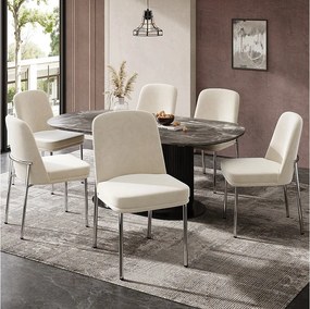 Komplet 6 krzeseł do jadalni - 42,5 x 53 x 82 cm - z grubymi poduszkami na siedziskach i srebrnymi metalowymi nogami - aksamit - beż