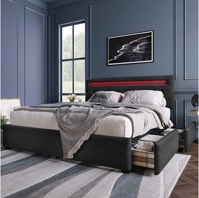 Łóżko tapicerowane podwójne 140 x 200 cm z regulowanym wezgłowiem i 4 szufladami - LED - len czarny