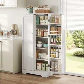 Kredens kuchenny - 60 x 35 x 128 cm - z oświetleniem LED + regulowane półki + 2 drzwi z miejscem do przechowywania - płyta MDF - biały