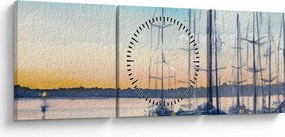 Obraz - Żeglarstwo, akwary (z zegarem) (90x30 cm)