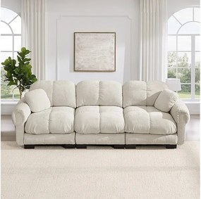 3-osobowa kanapa w Chenille, z tapicerowanym siedziskiem i 2 poduszkami, 260x86x90cm, Beżowy