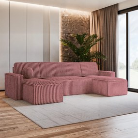 Masseno Narożnik PESANO z funkcją spania i pojemnikiem na pościel Narozniki U, Rozkładana sofa - Pudrowy róż, TILIA 62