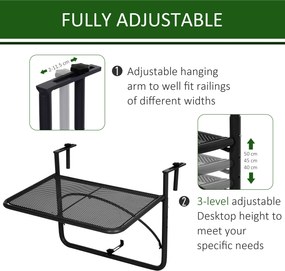Outsunny Stół Wiszący Balkonowy Kwadratowy Regulowana Wysokość Metalowy Czarny 60x565x45cm | Aosom PL