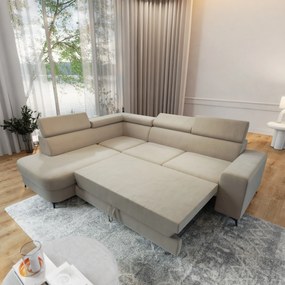 Masseno Narożnik ALVORO z funkcją spania i pojemnikiem na pościel Narozniki L, Rozkładana sofa - Beżowy, MATT VELVET 09