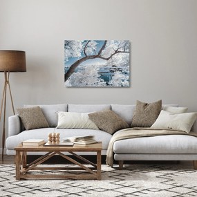 Obraz na szkle - ośnieżone drzewo nad wodą (70x50 cm)