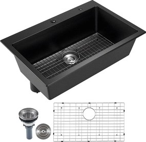 Nowoczesna Zlewozmywak Kuchenny SucceBuy z Granitu 83,8 cm, Zlewozmywak Nastawczy z Dużą Pojedynczą Komorą, Wkładana Komora do Mycia z Wieloma Akcesoriami