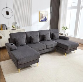 Aksamitna sofa narożna - Sofa narożna z oświetleniem LED i 4 poduszkami - port USB i podłokietniki - szara