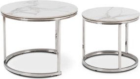 Zestaw Stolików Kawowych AMARA 45,5 cm/60 cm Biały Marmur/Srebrny Glamour