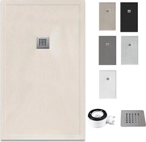 Brodzik żywiczny z rantem, ultracienki i antypoślizgowy z zaworem i kratką | Tekstura kamienia | Beżowy | 70 X 200 cm