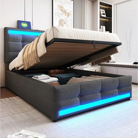 Łóżko dziecięce z pojemnikiem 90x200 cm, oświetlenie LED i port USB, szara pościel – materac nie jest wliczony w cenę