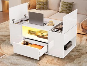 Błyszczący stolik kawowy 100x50x40 cm - z 1 szufladą i przegródkami do przechowywania - z oświetleniem LED - Płyta wiórowa - Biały