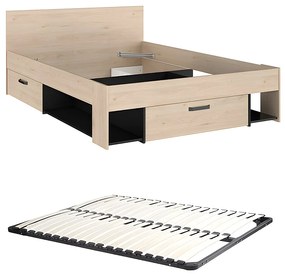 Łóżko 140 x 190/200 cm  ze skrzynią i - Naturalny i czarny + Stelaż - KINSELIA