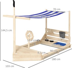 Outsunny Piaskownica w kształcie statku pirackiego z zestawem kuchennym, z ochroną przeciwsłoneczną, z naturalnego drewna, 180 x 103 x 144,5 cm