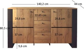 Komoda Dwudrzwiowa z Szufladami do Salonu ERISA 140 cm Dąb Craft/Złoty Loft