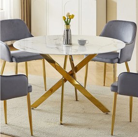 Okrągły stół jadalniany z hartowanego szkła – Efekt białego marmuru i złoty metal – dla 4 osób – CHIARA