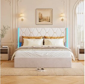 Łóżko Skrzyniowe Podwójne 140x190 cm w Beżowym Aksamicie z Podświetlanym RGB LED Zagłówkiem i Wbudowanym Schowkiem, Styl Współczesny