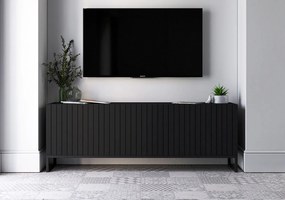 Szafka RTV z 4 drzwiami – Korpus czarny mat, ryflowane fronty czarny mat – 150 cm, czarna metalowa rama