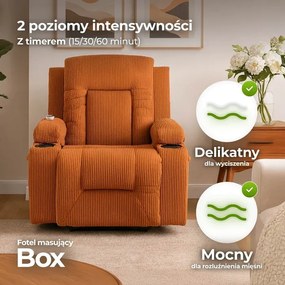 Fotel Masujący BOX Rozkładany Wypoczynkowy z Podnóżkiem Rudy Sztruksowy Japandi