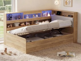 Łóżko dziecięce z pojemnikiem 90x200cm - z portem USB i LED - Przechowywanie pod łóżkiem - Przegródki do przechowywania - MDF - Naturalny​ (bez materaca)