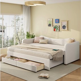 Sofa rozkładana z wysuwanym łóżkiem - 90/180 x 200 cm - z 2 szufladami + USB - zapinana na klamrę - beżowa