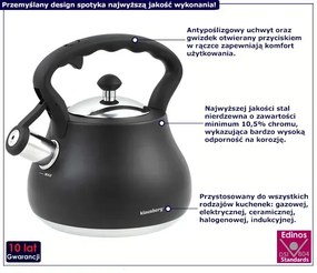 Czarny elegancki czajnik z gwizdkiem 2,7L 60cm R4-E57
