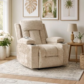 Fotel Masujący BOX Rozkładany Wypoczynkowy z Podnóżkiem Beżowy Welurowy Nowoczesny